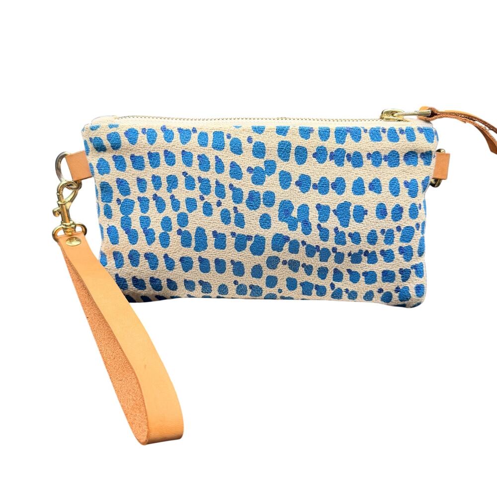 Erin Flett Blue Dot Canvas Wristlet Clutch 8x4.5 Leather Strap